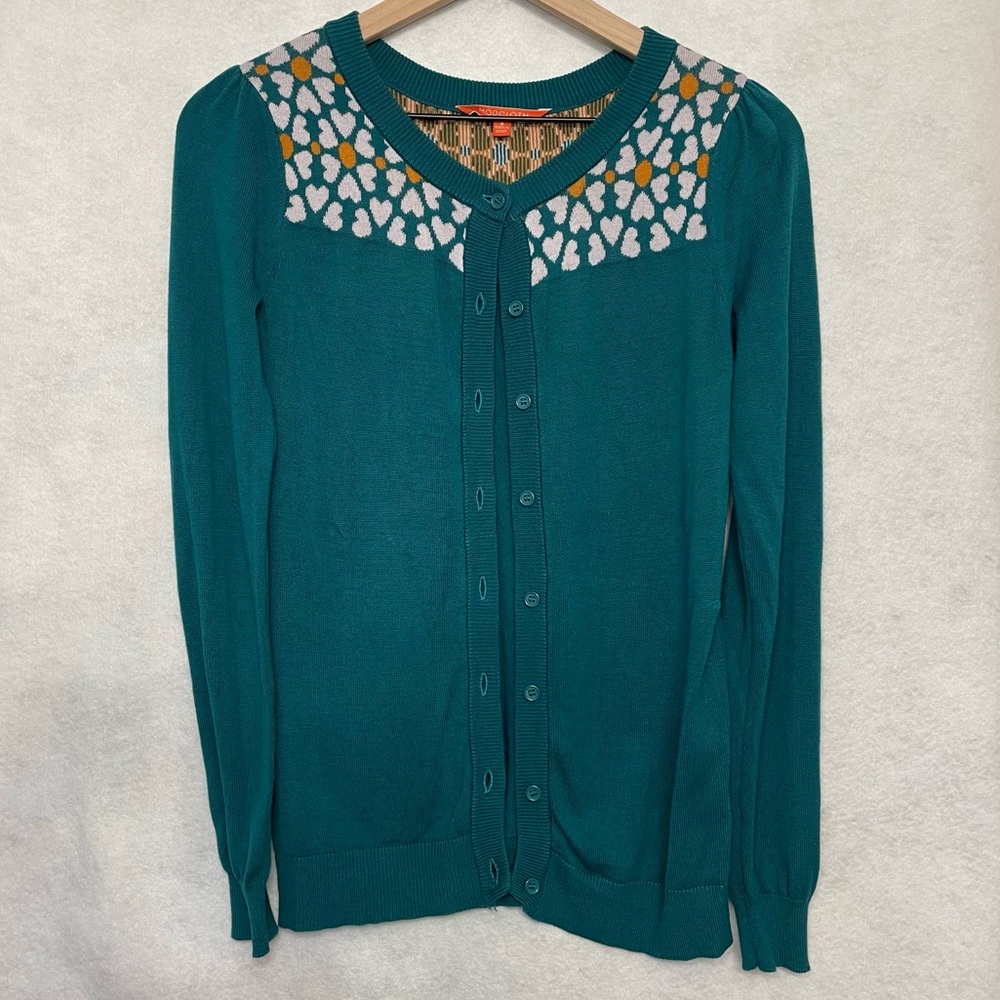 ModCloth Cardigan Button-Up Intarsia Flower Hearts Green and Yellow Small
